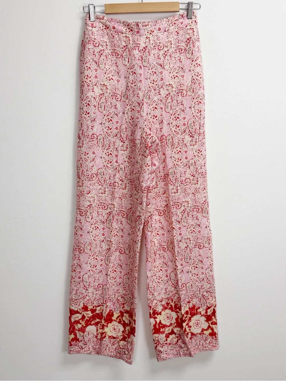 Zara Pants Womens Medium Pink Paisley Floral Linen Blend Pull On Stretch Waist